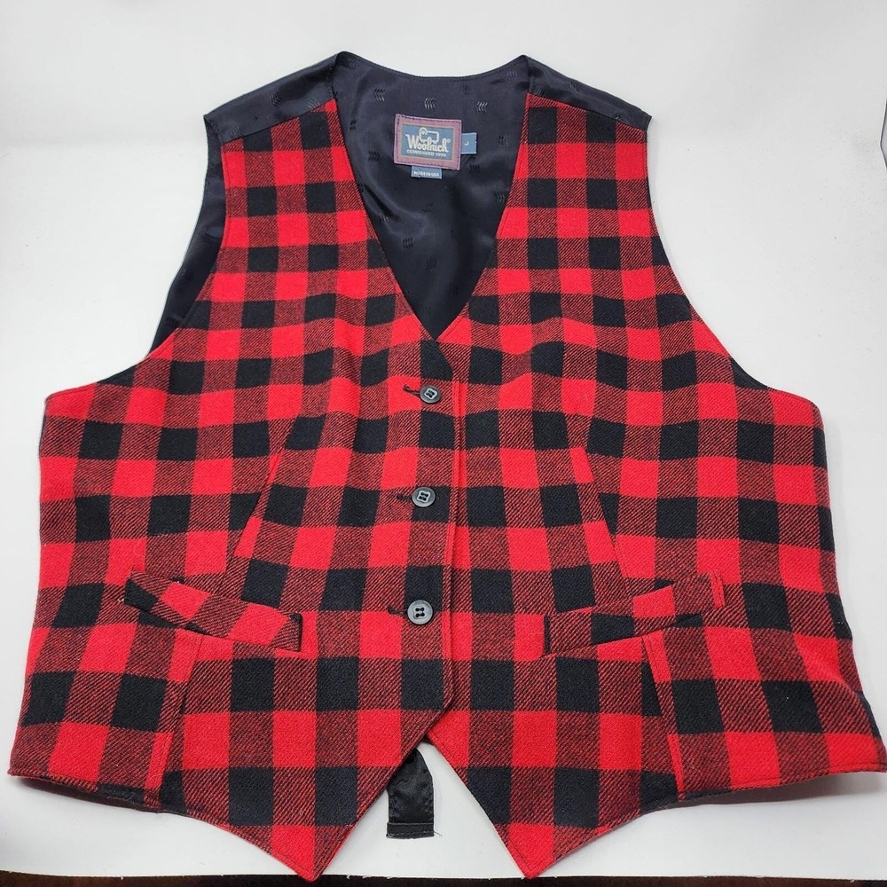 Vintage Womens Woolrich Red Black Plaid Button Wool Blend Pocket Vest Large USA